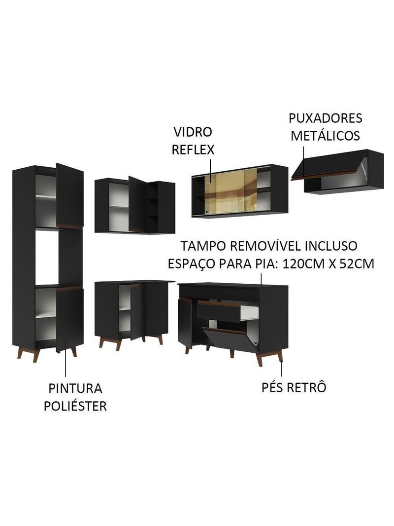 Armário de cozinha completa de canto 392cm preto reims madesa 03