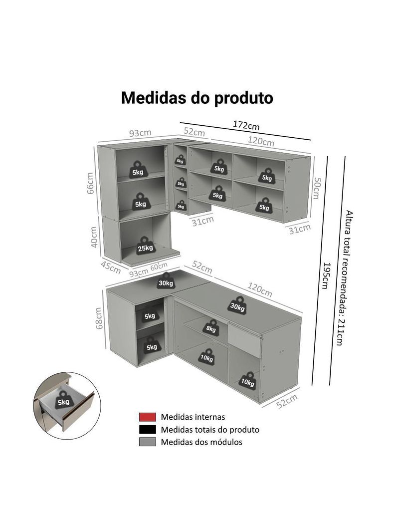 Armário de cozinha completa de canto 265 cm suspensa  nice madesa 06