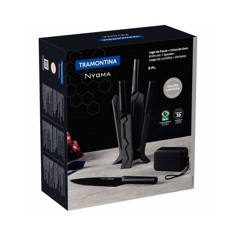Jogo de Facas Tramontina Nygma com Lâmina em Aço Inox e Cabos de Polipropileno Preto com Suporte e Caixa de Som 06 Peças