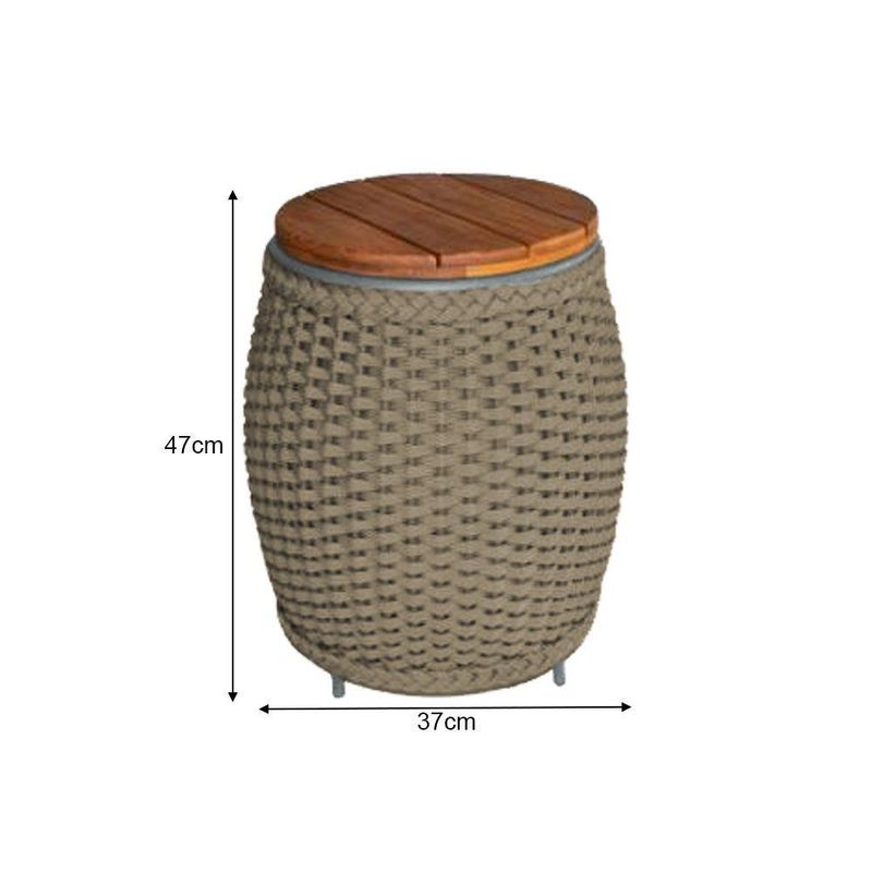 Puff Mesa Garden Em Corda Náutica Base Em Alumínio Cinza E Tampo Em Madeira Rami