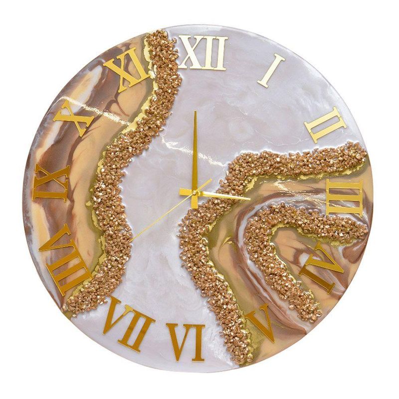 Relógio De Parede Grande 60cm Luxo - Fundo Branco Perolado Com Dourado E Marrom