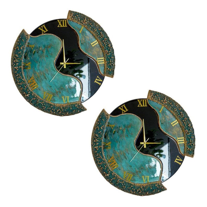 Kit 2 Relógios De Parede Grande 60cm Luxo - Fundo Preto Com Verde Mesclado