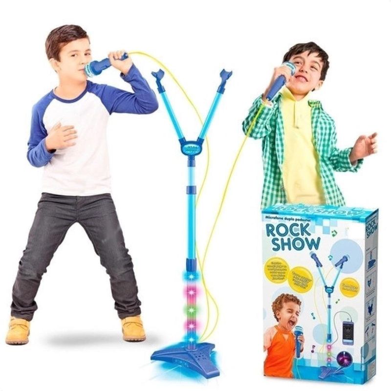 Microfone Azul Infantil Duplo Pedestal Karaoke Conecta Cel