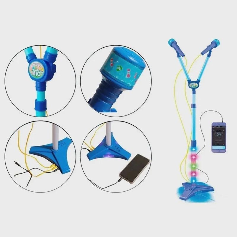 Microfone Azul Infantil Duplo Pedestal Karaoke Conecta Cel