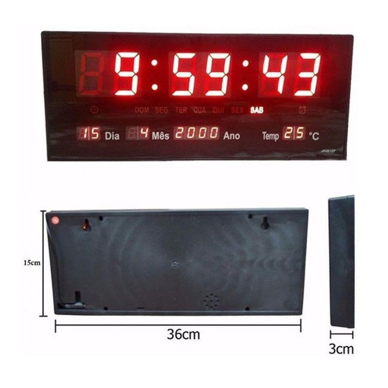 Relógio De Parede Led Digital 36 Cm Com Data, Temperatura E Calendário