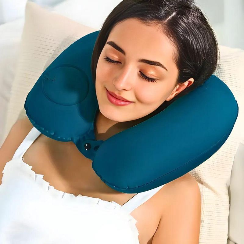 Almofada Inflável Em U Para Viagem Com Suporte Ergonômico E Inflagem Manual Integrada - Rosa Pink