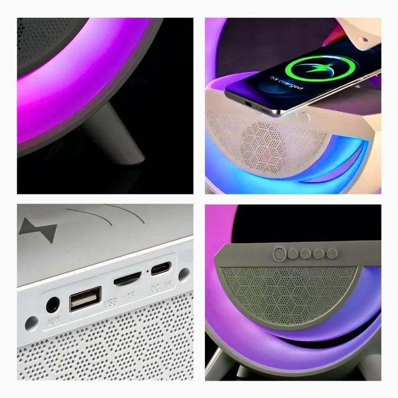 Luminária 3 Em 1: Iluminação Rgb, Som Bluetooth E Carregador Por Indução 15w Luminária Inteligente G