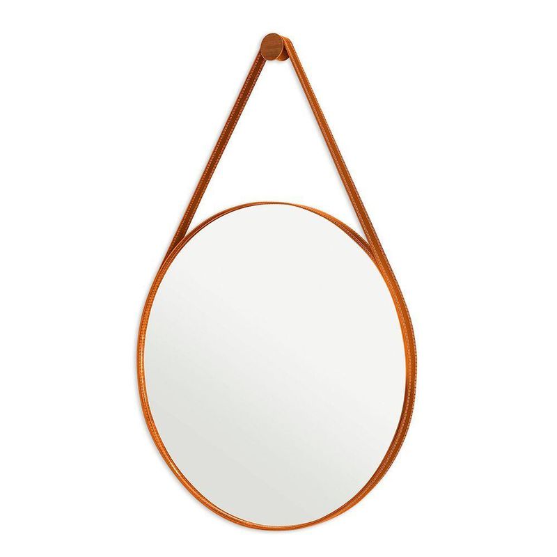 Espelho de Parede Adnet Redondo Decorativo 60 cm Moldura em Corino para Decoração