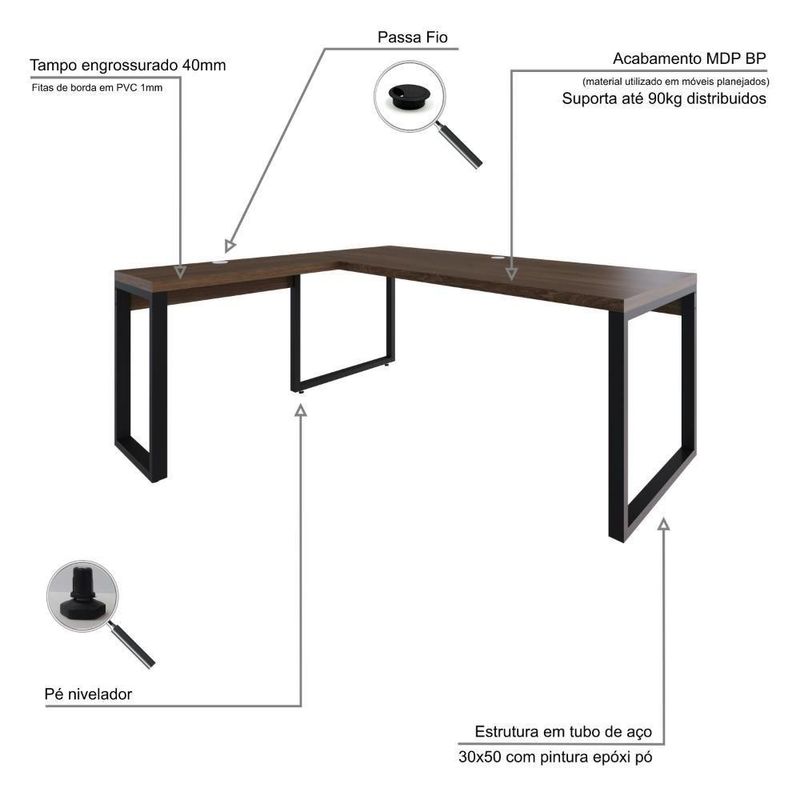 Mesa Em L Presidente 190x160x75cm Yon - Nogueira-estpreta Nogueira-estpreta