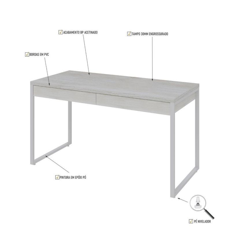 Mesa Office 135x60x75cm C-02 Gavetas Kuadra Snow - Estbranca