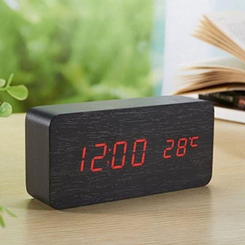 Relógio Despertador Digital De Mesa Em Madeira Com Sound Control E Display Led Preto