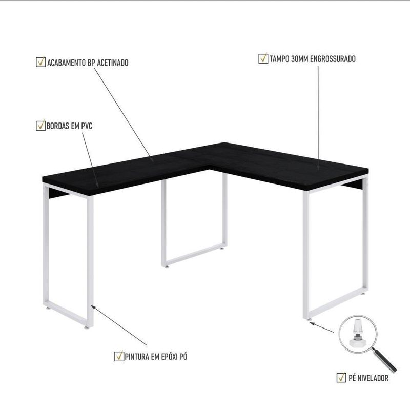 Mesa Em L Office 120x150x75cm Kuadra Preto ônix - Estbranca