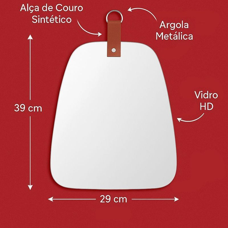 Espelho Decorativo Oval Orgânico para Pendurar 39X29CM com Alça de Couro Sintético