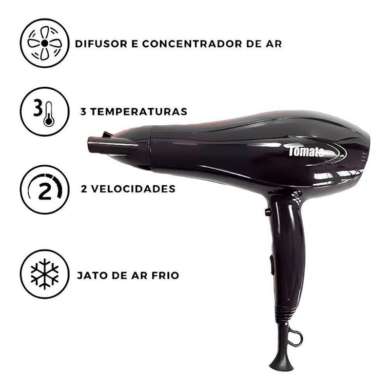 Secador De Cabelo Professional 220V Turbo Ar Quente Frio Preto