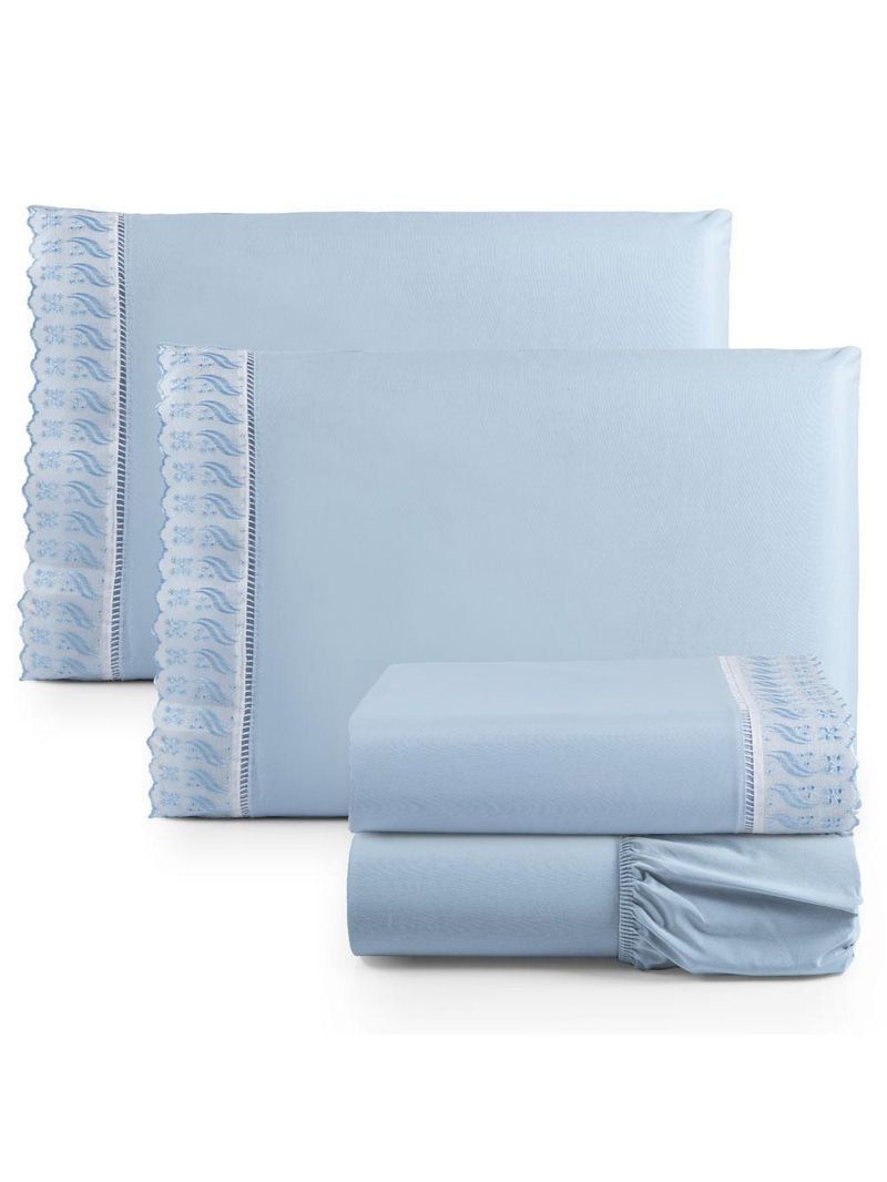 Jogo cama lençol paris queen percal 180 fios 100% algodão lese bordada 4 peças - azul claro