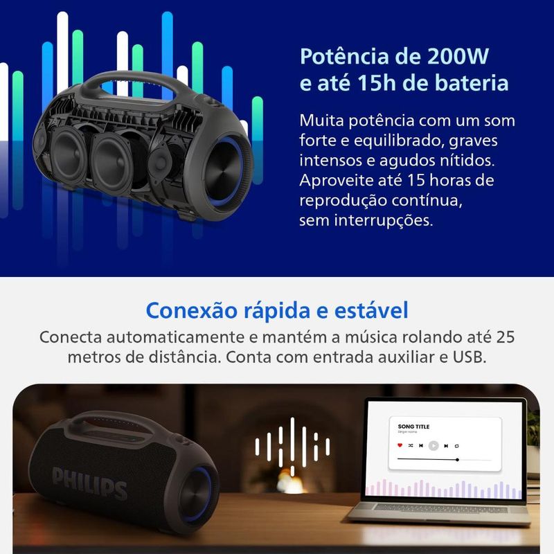 Caixa de som portátil philips boombeat tax400b/78 200w bluetooth alça removível bivolt