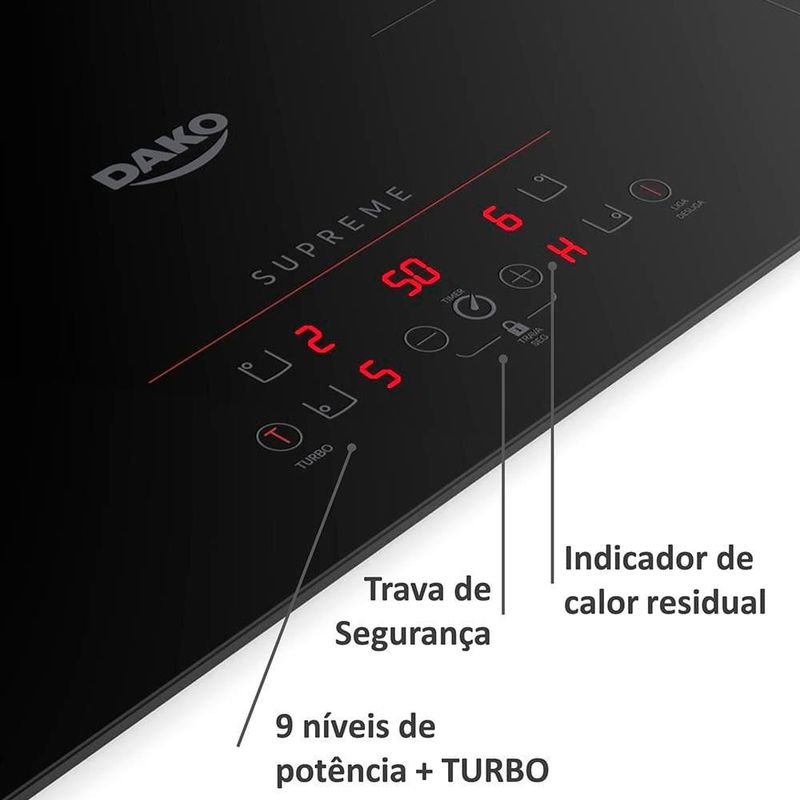 Cooktop de indução dako supreme 4 bocas trava de segurança preto 220v