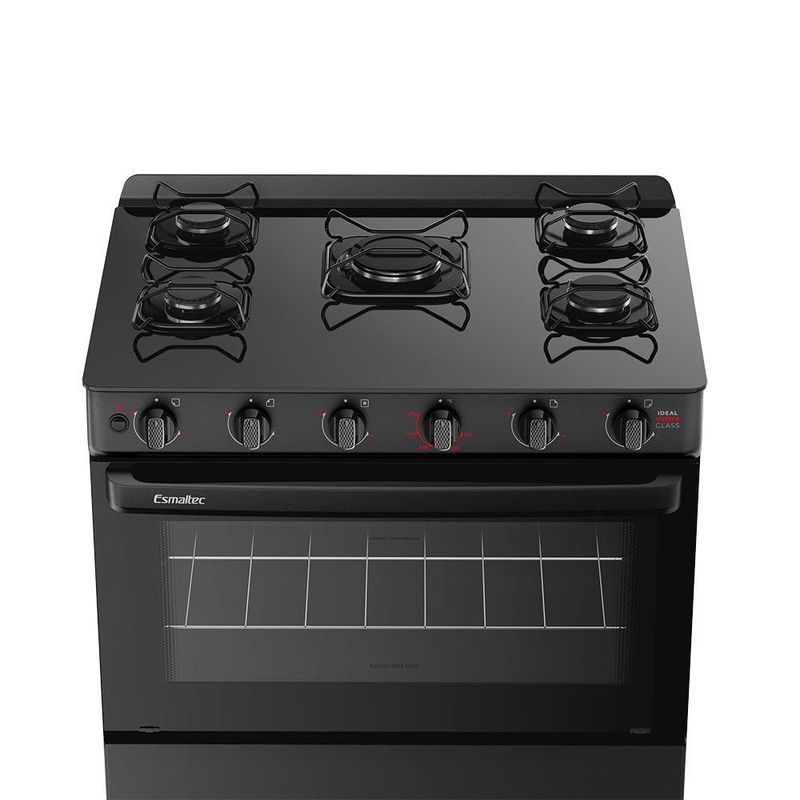 Fogão Esmaltec Ideal Super 5 Bocas Preto Mesa de Vidro Bivolt F5VAP