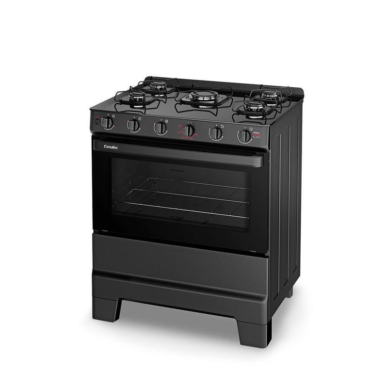 Fogão Esmaltec Ideal Super 5 Bocas Preto Mesa de Vidro Bivolt F5VAP