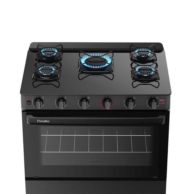 Fogão Esmaltec Ideal Super 5 Bocas Preto Mesa de Vidro Bivolt F5VAP