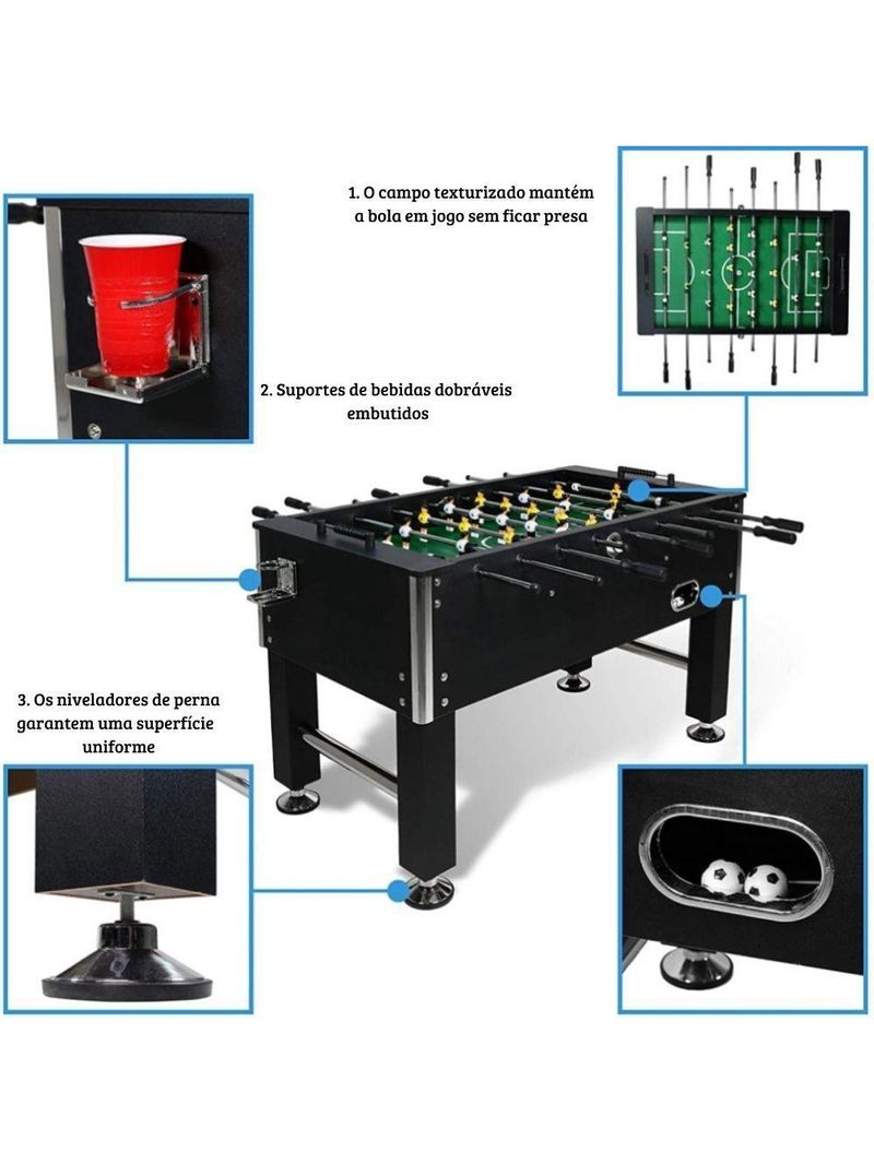 Mesa de Pebolim Ahead Sports Profissional MDF Preta Hastes Cromadas