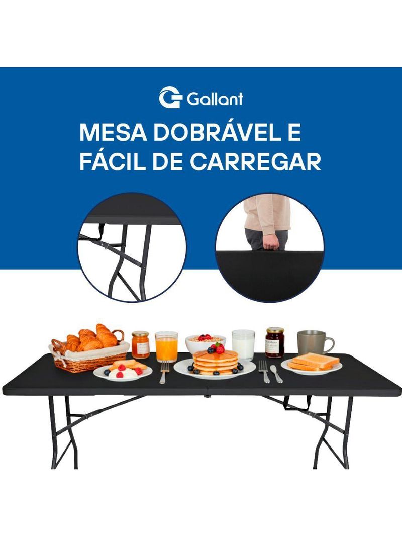 Mesa Dobrável Gallant Vira Maleta Portátil 1,80m Preto com Alça (GMD22A01A-PT)