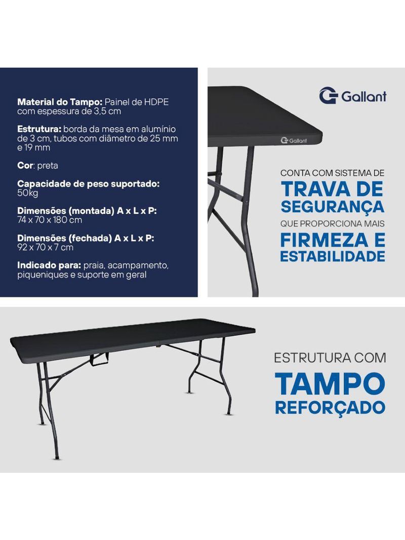 Mesa Dobrável Gallant Vira Maleta Portátil 1,80m Preto com Alça (GMD22A01A-PT)