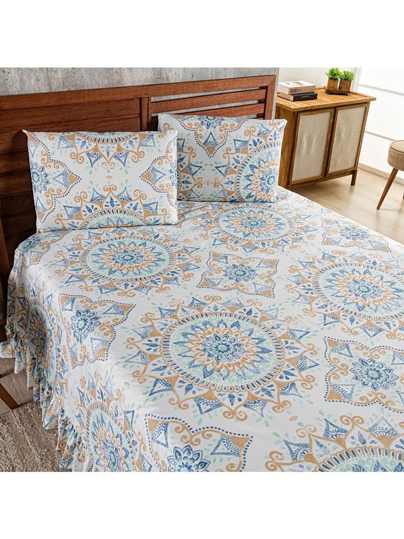 Kit cobre leito colcha turin casal estampada c/ babado 400 fios 3 peças mandala azul bege - 100% poliéster