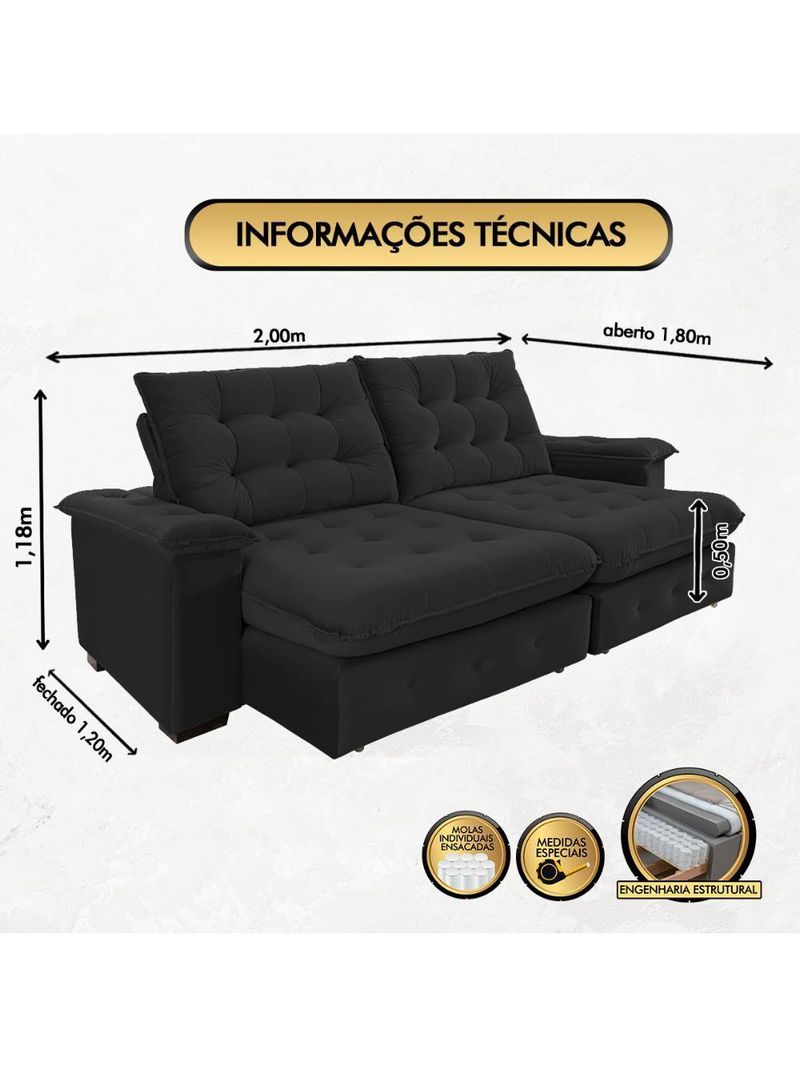 Sofá Coliseu 200m Retrátil E Reclinável Super Pillow Preto