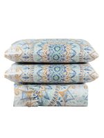 Kit cobre leito colcha turin casal estampada c/ babado 400 fios 3 peças mandala azul bege - 100% poliéster