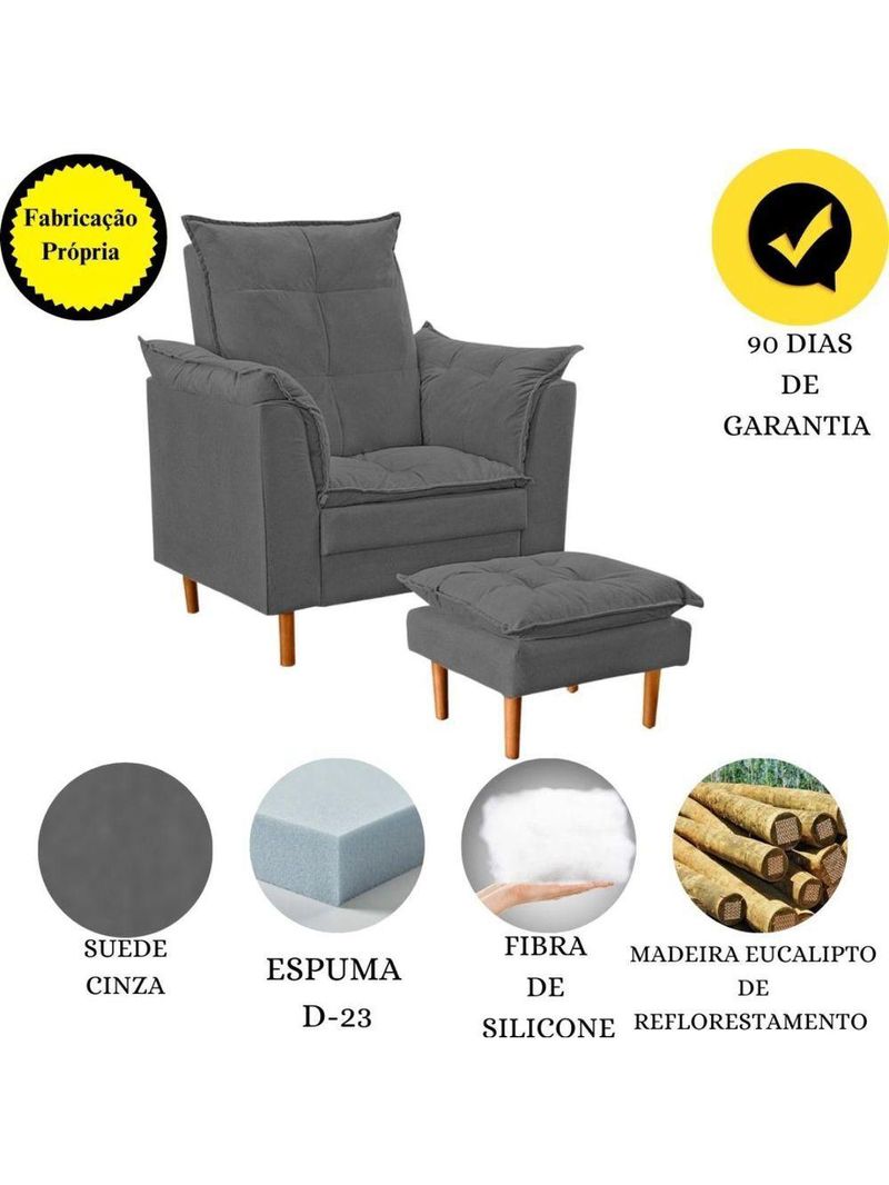 Poltrona Decorativa Sala De Estar Quarto Leitura Paris Suede Cinza