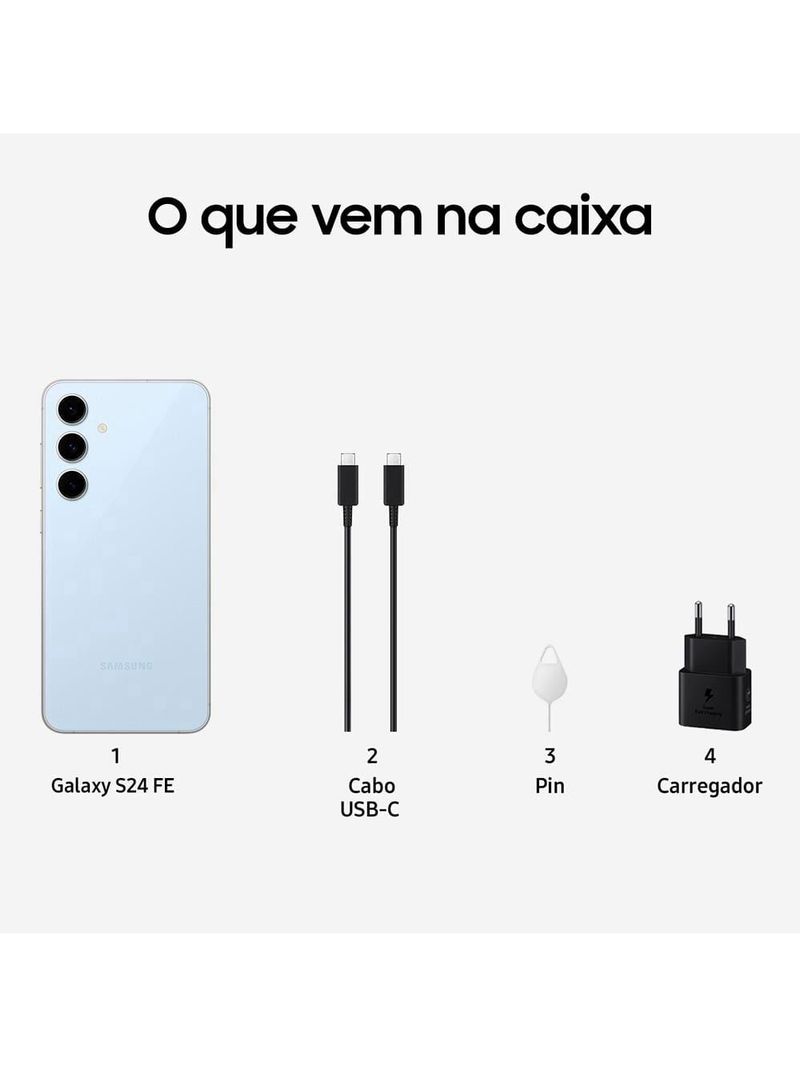 Smartphone samsung galaxy s24 fe 5g azul 128gb, 8gb ram, galaxy ai, câmera traseira 50mp, tela 67" 60-120hz, ip68 e processador exynos 2400e