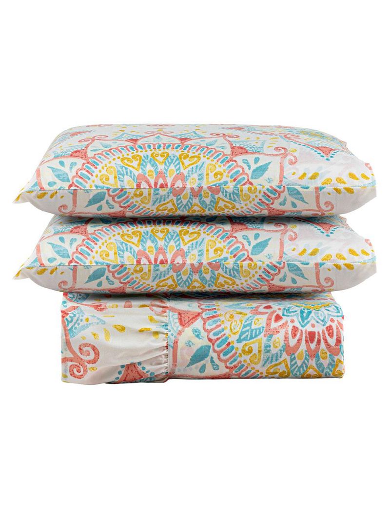 Kit cobre leito colcha turin casal estampada c/ babado 400 fios 3 peças mandala vermelha bege