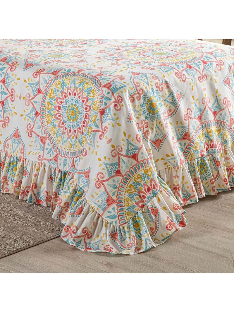 Kit cobre leito colcha turin casal estampada c/ babado 400 fios 3 peças mandala vermelha bege