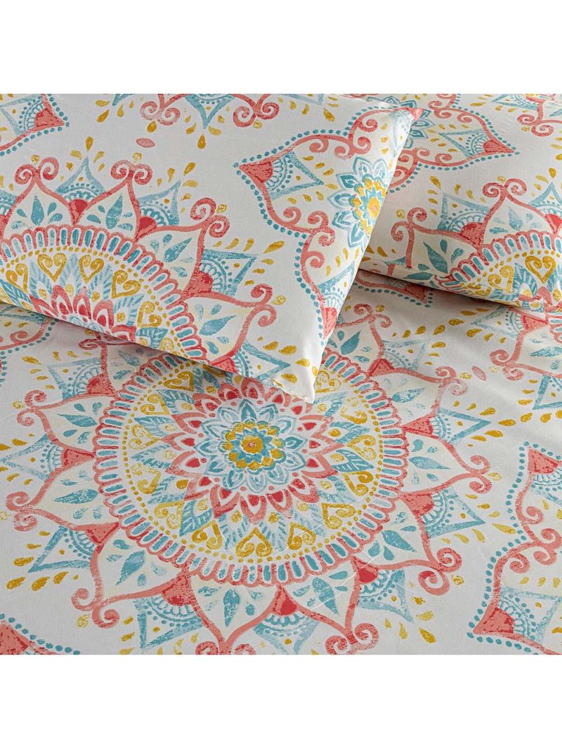 Kit cobre leito colcha turin casal estampada c/ babado 400 fios 3 peças mandala vermelha bege