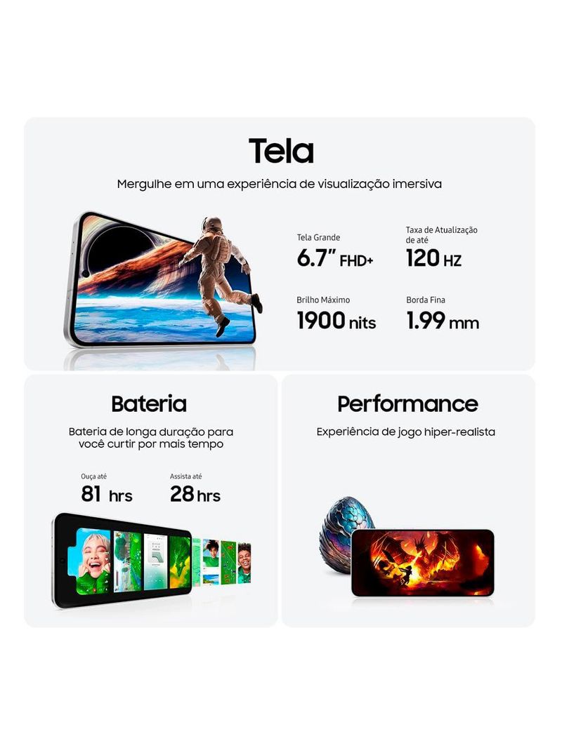 Smartphone samsung galaxy s24 fe 5g azul 128gb, 8gb ram, galaxy ai, câmera traseira 50mp, tela 67" 60-120hz, ip68 e processador exynos 2400e