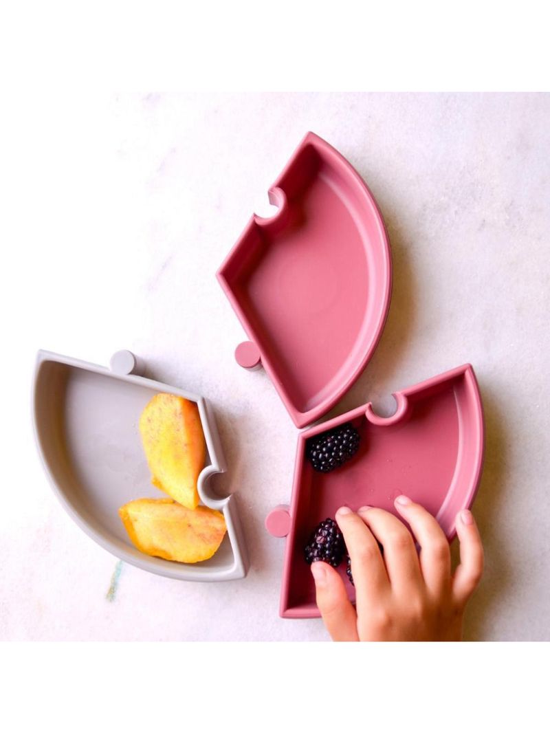Prato infantil de silicone encaixe puzzle velvet rose e cinza - minikoioi