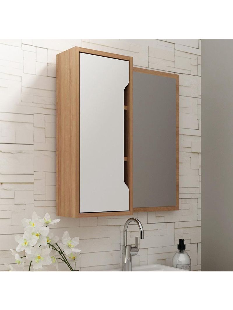 Espelheira Banheiro 60cm 1 Porta Cr10117 Amêndoa-branco