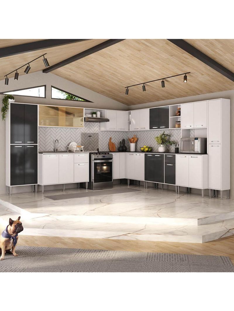 Armário De Cozinha Modulada 12 Pçs Com Balcão De Pia Siena Multimóveis Mp2240 Branco-preto