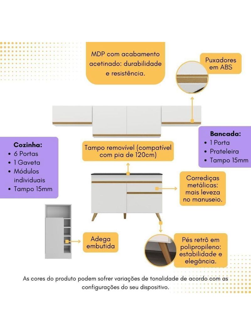 Armário De Cozinha Modulado Com Bancada Veneza Multimóveis Mp2212 Branco/dourado Branco/dourado