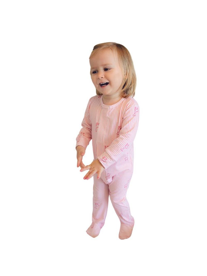 Macacão magnético listra rosa com girafinhas - 18 meses (1 a 2 anos)