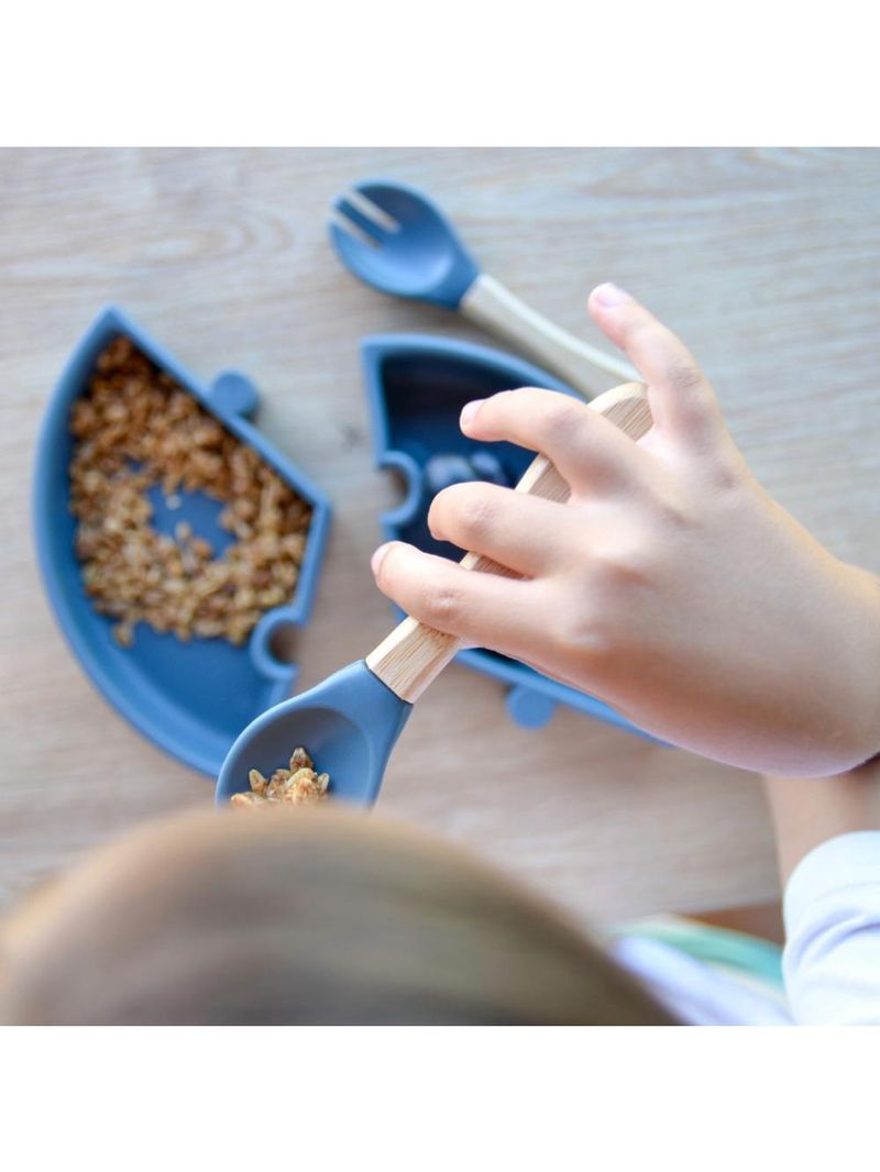Prato infantil de silicone encaixe puzzle deep blue e cinza - minikoioi
