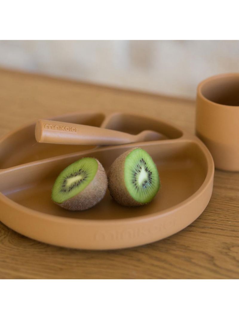 Prato infantil de silicone com divisórias e sucção portions woody brown - minikoioi