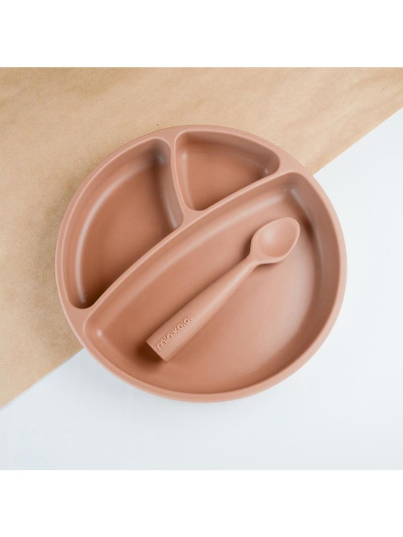 Prato infantil de silicone com divisórias e sucção portions woody brown - minikoioi