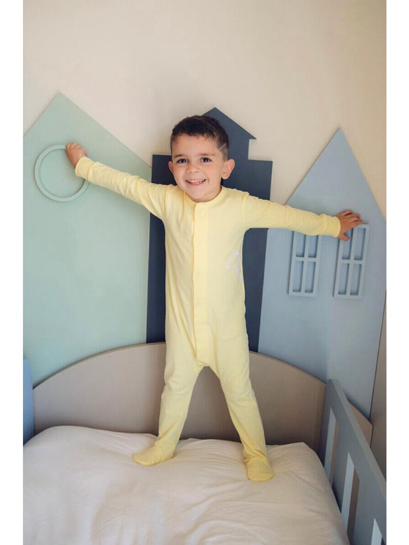 Macacão magnético amarelo com girafa lateral branca - 12 meses