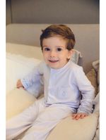 Macacão magnético algodão pima branco com bordados em azul - 6 meses
