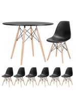 Conjunto De Mesa De Jantar Eames Eiffel Redonda 110cm Tampo De Madeira Preto Com 6 Cadeiras Pretas