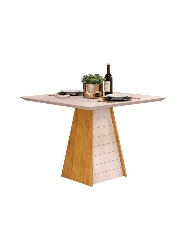 Mesa Para Cozinha Fler Com Tampo Madeirado Com Vidro 90x90cm Cedro Off White Off White Dj Móveis