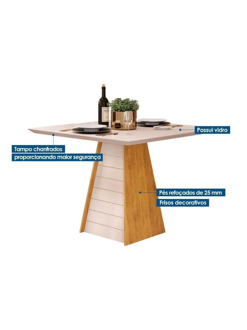 Mesa Para Cozinha Fler Com Tampo Madeirado Com Vidro 90x90cm Cedro Off White Off White Dj Móveis