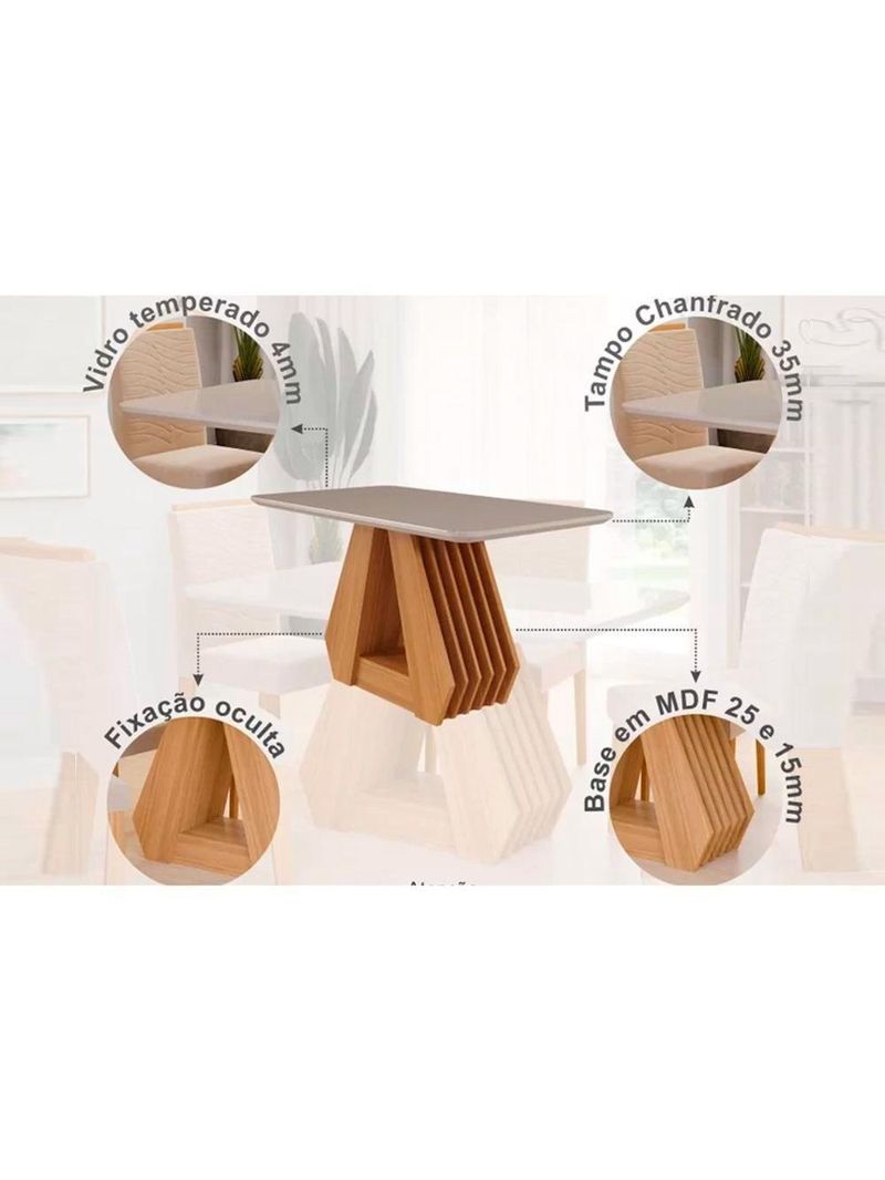 Conjunto Mesa De Cozinha ágata Com Tampo Madeirado Com Vidro 130x80cm E 4 Cadeiras Clarice Madeirado Linho Bege Cimol